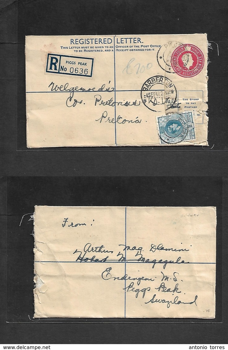 Bc - Swaziland. 1947 (Sept 2) Piggs Peak - Pretoria, S. Africa (4 Sept) Registered 4d Red Stat Env + 1 1/2d Blue Adtl, C - Autres & Non Classés