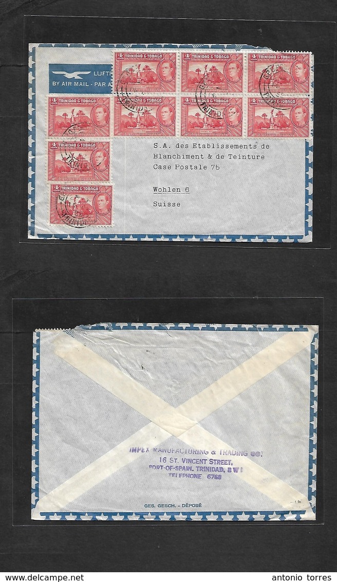 Bc - Trinidad. 1952 (14 Feb) FPO - Switzerland, Wohlen. Air Multifkd Envelope 4c Red (x9) Incl Block Of Six. - Other & Unclassified