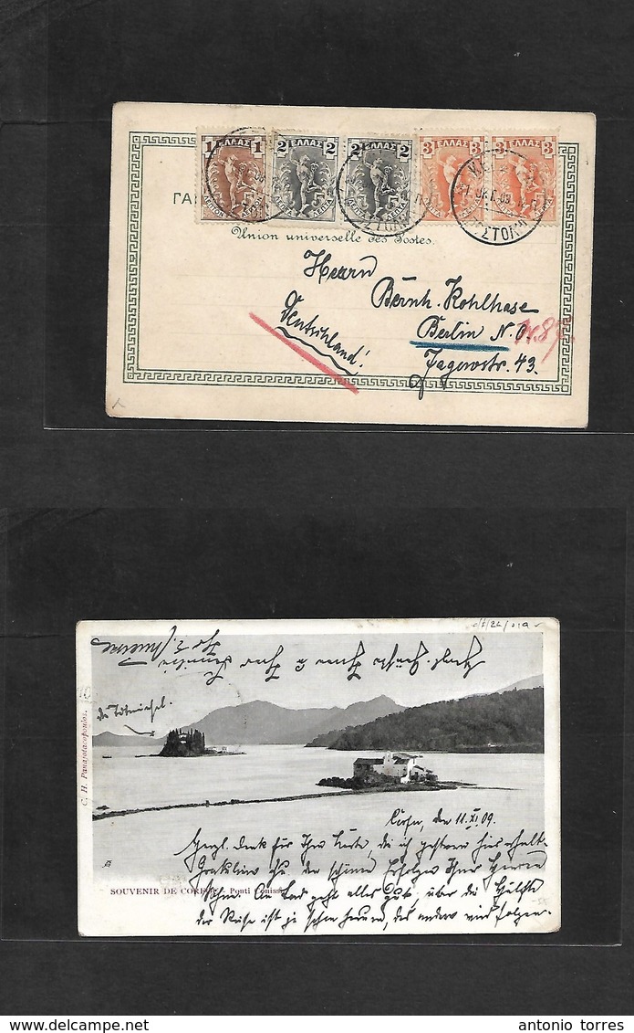Greece. 1909 (31 Oct) Corfu - Germany, Berlin. Multifkd Ppc (5 Stamps) Tricolor Usage, Cds. VF. - Andere & Zonder Classificatie