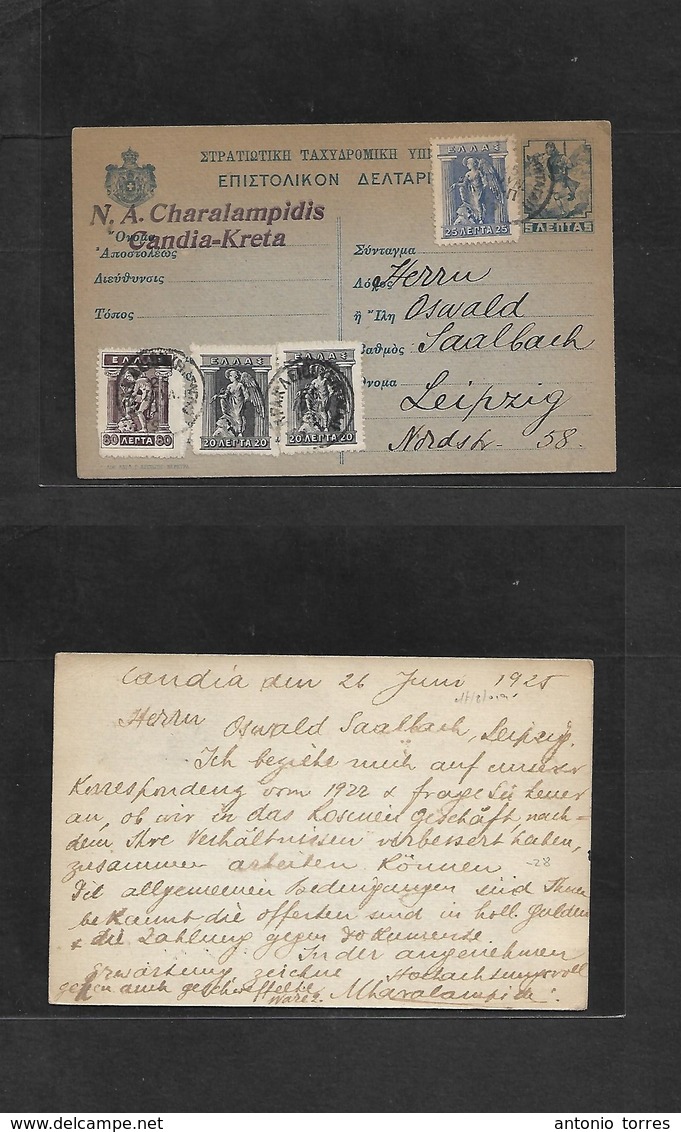 Greece. 1925 (26 June) Candia - Germany, Leipzig. 5leph Blue Stat Card + 4 Adtls, Cds. Fine Scarce Item. - Other & Unclassified