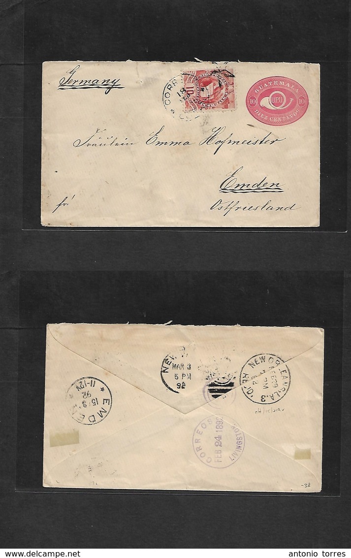 Guatemala. 1892 (18 Feb) Coban - Germany, Emden (15 March) 10c Rose Embossed Stat Env + 10c Adtl, Tied Cds. Via Livingst - Guatemala