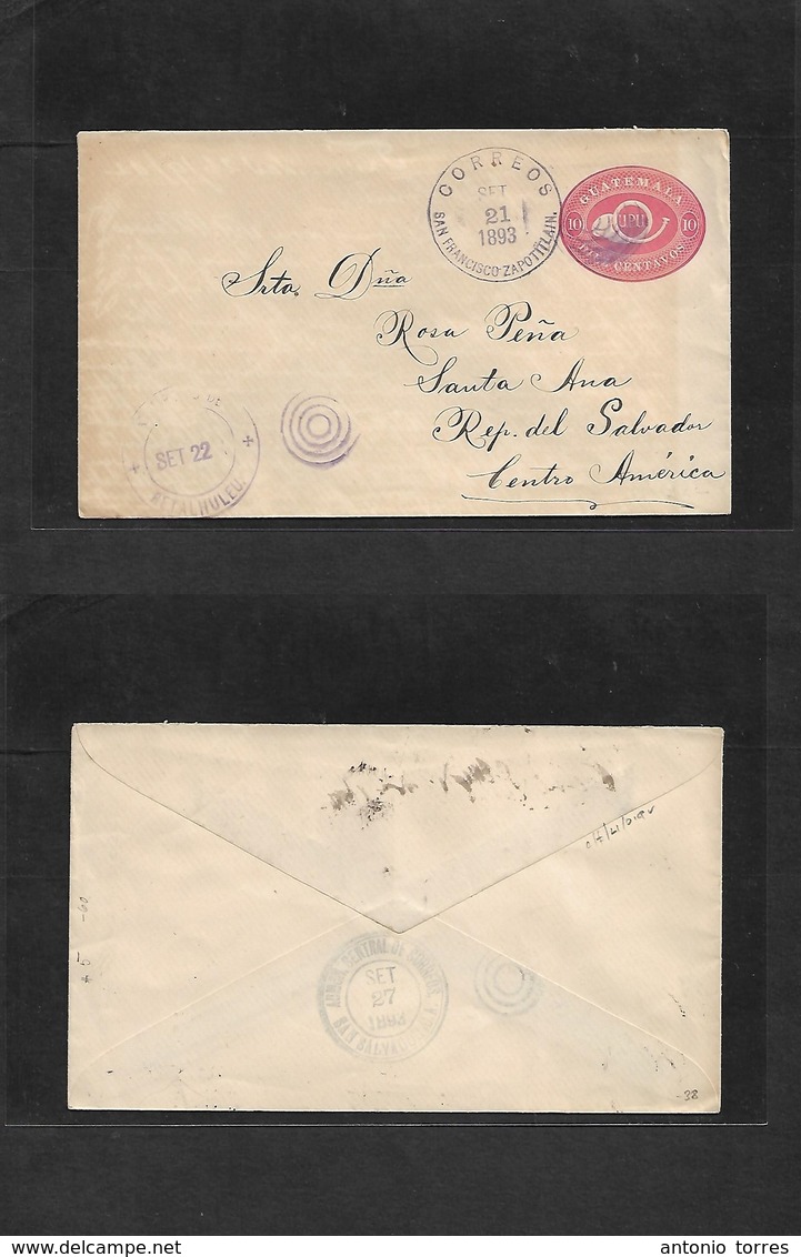 Guatemala. 1893 (21 Sept) San Francisco Zapotitlan - Salvador, Sta. Ana, Central America (27 Sept) Vic Retalhuleu 10c Ro - Guatemala