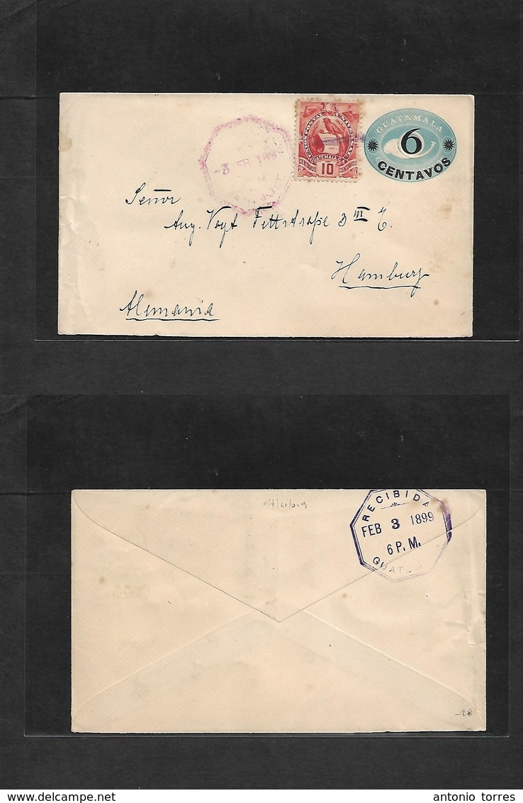 Guatemala. 1899 (Febr) GPO - Germany, Hamburg. 6c/10 Ovptd Light Blue Stat Env + Adtl, Tied Violet Cachet. - Guatemala