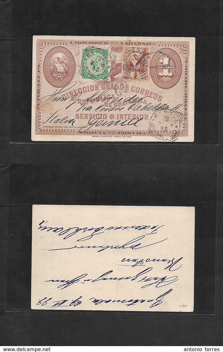 Guatemala. 1899 (29 July) GPO - Italy, Genova (19 Aug) 1c Train Illustr. Stat Card + 2 Adtls, One Being Green Addressing - Guatemala