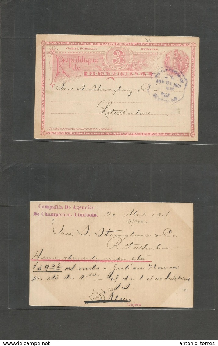 Guatemala. 1901 (21 Apr) REPLY Stat Card Proper Usage. Champerico - Retalhulew. Proper Half Stat Used Back. VF. - Guatemala