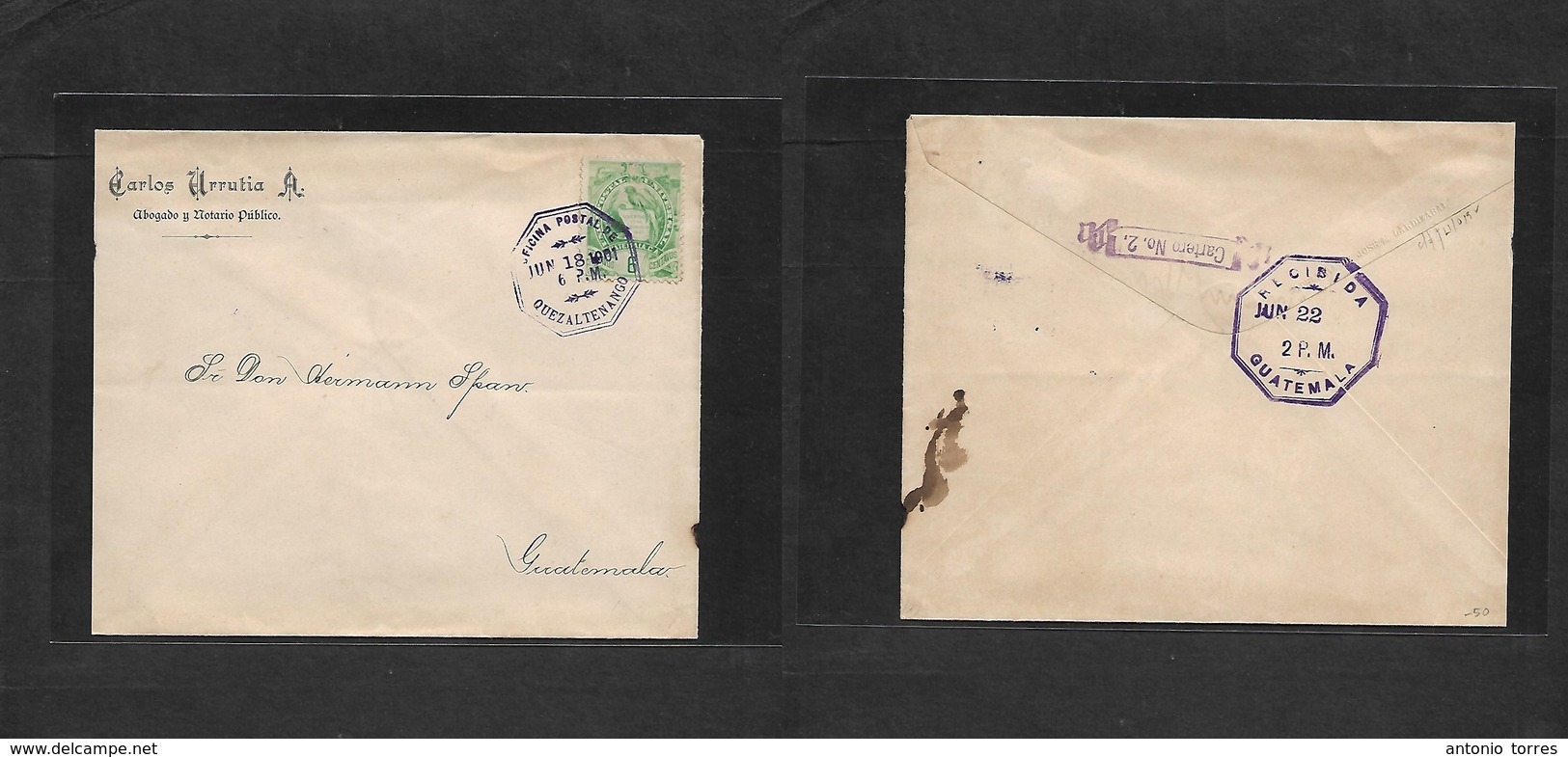 Guatemala. 1901 (18 June) Guezaltenango - Guatemala (22 June) Cover Printed Single 6c Green Fkd Envelope. XF + "Cartero  - Guatemala