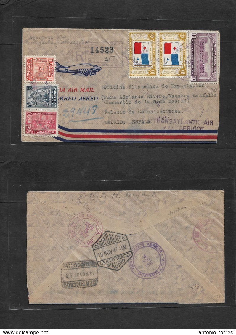 Guatemala. 1947 (4 Nov) Guat - Spain, Madrid (9-10 Nov) "Transatlantic Air Mail Service"  Lilac Cachet (xx/R) Registered - Guatemala