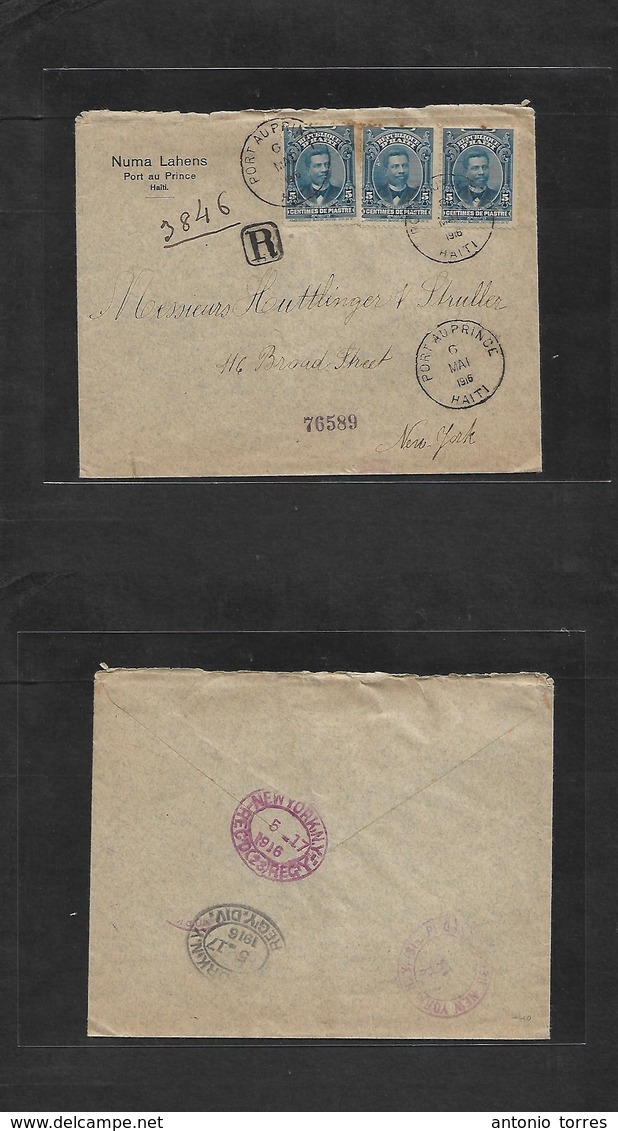 Haiti. 1916 (6 May) Port Au Prince - USA, NYC (17 May) Registered Multifkd Envelope. Fine. - Haiti