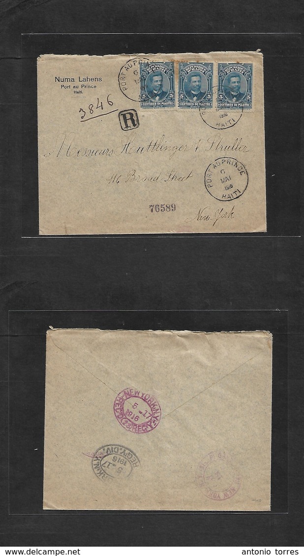 Haiti. 1916 (6 May) Port Au Prince - USA, NYC (17 May) Registered Multifkd Envelope. Fine. - Haïti