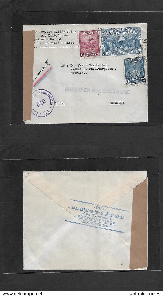 Haiti. 1949. Port - Austria, Wien. Air Bicentenary Port Prince Mutifkd Env. Censored + "Jusqu'en Gde Bretagne" - Haití