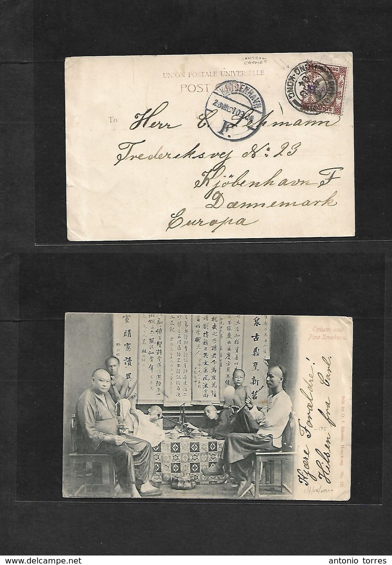 Hong Kong. 1904 (4 Jan) Comercial Contol BAS Lilac Cachet. Fkd Picture Card. GPO - Denmark, CPH (20 March) Opium Smokers - Other & Unclassified