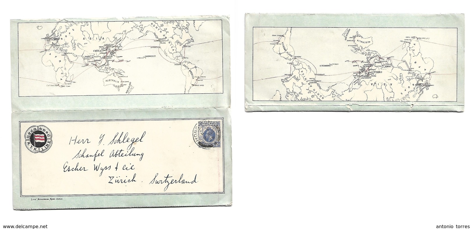 Hong Kong. 1926 (9 Aug) HK - Switzerland, Zurich. NYK World Map Route Color Illustrated Japan Line Franked Letter. Menor - Autres & Non Classés