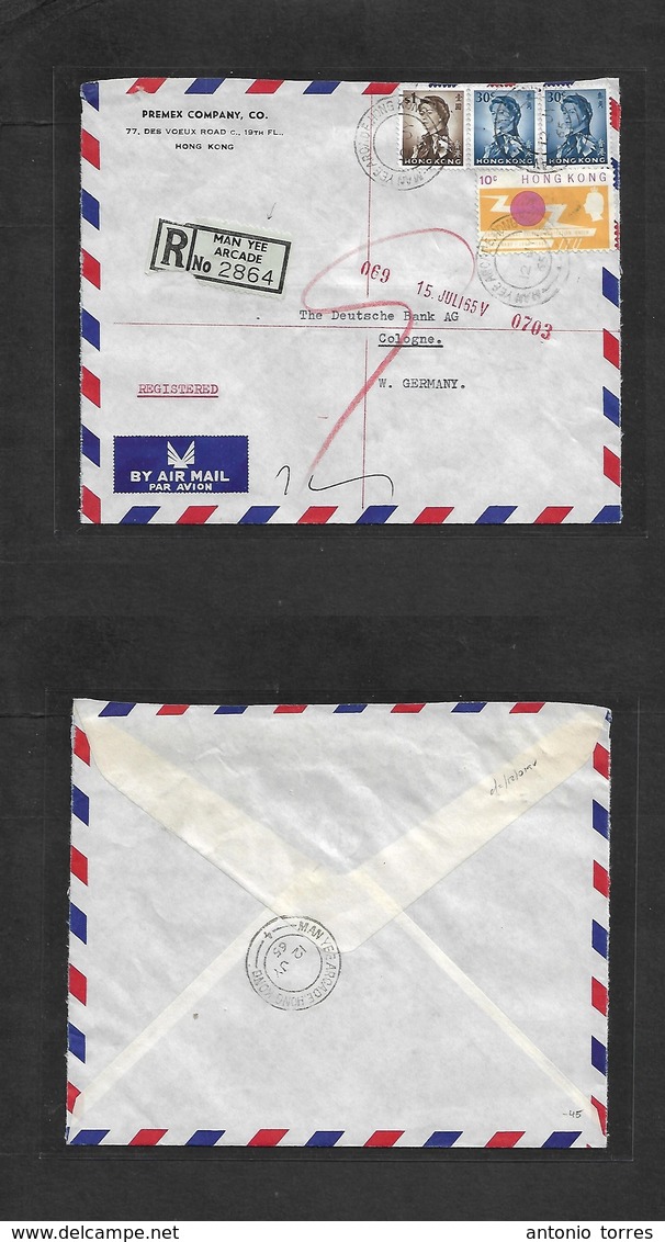 Hong Kong. 1965 (12 July) Man Yee Arcade - West Germany, Cologne. Air Multifkd Envelope, R-label. Fine District Usage. P - Other & Unclassified