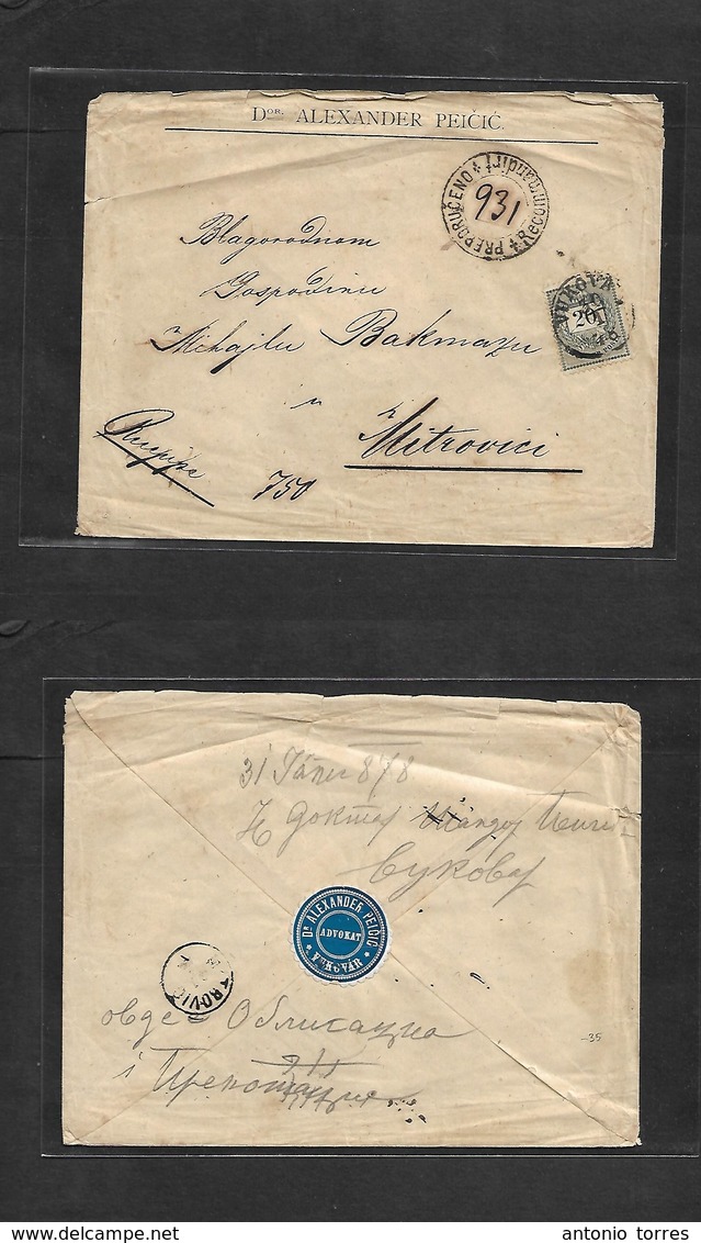 Hungary. 1878 (30 Jan) Croatia, Vukovar - Mitrovici. Registered 20 Fill Fkd Envelope + Special Registr Cachet. VF. - Other & Unclassified