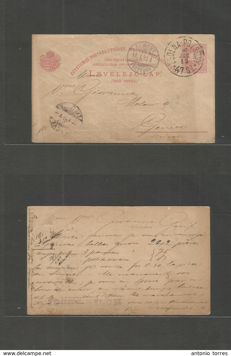 Hungary. 1893 (13 Jan) Zsolna - Switzerland, Geneve (16 Jan) 5 Fill Red Stat Card. Fine Old Style Large Cds. Scarce. - Other & Unclassified