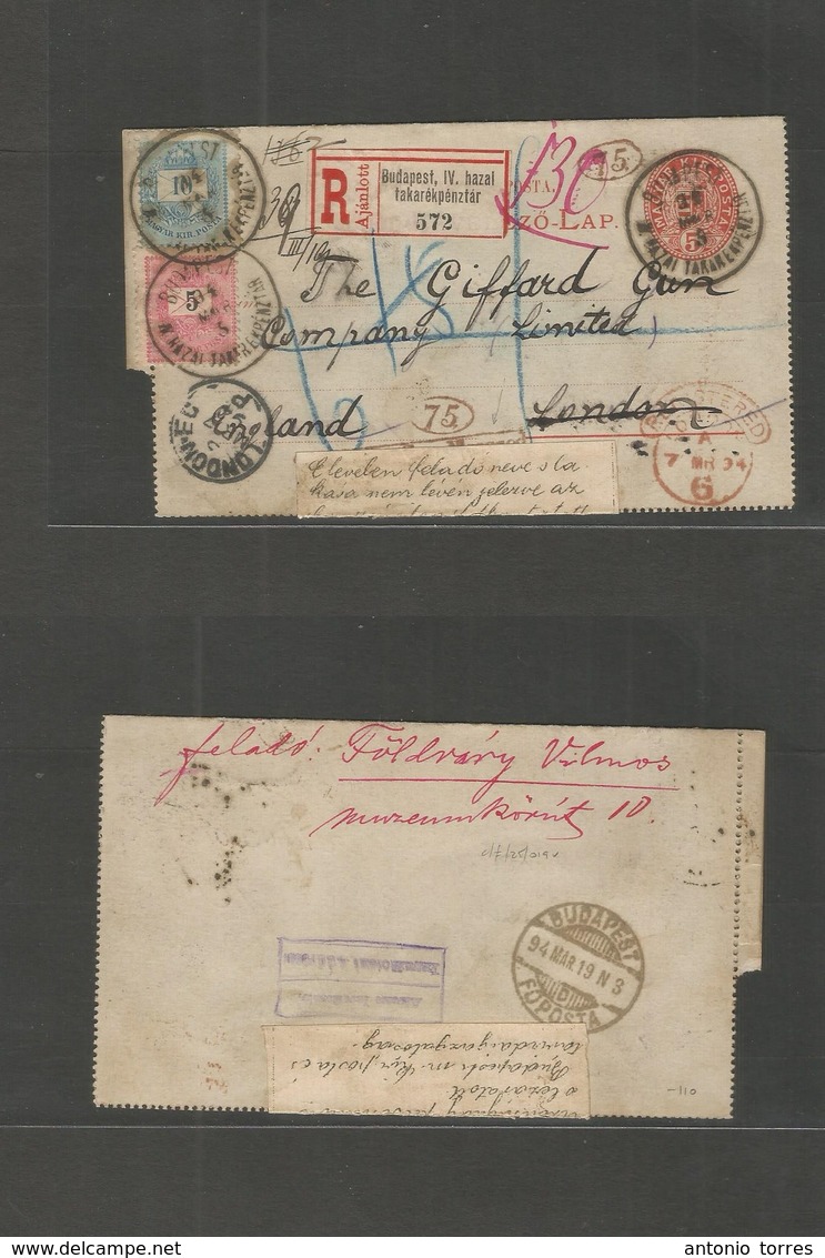 Hungary. 1894 (5 March) Budapest IV - London, UK (7 March) Registered Multifkd 5 Fill Red-rose Stat Lettersheet. Fine Us - Andere & Zonder Classificatie