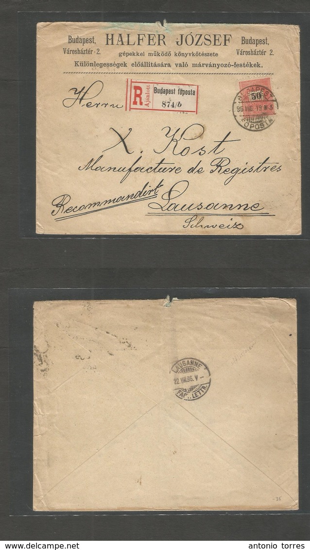Hungary. 1896 (19 Aug) Budapest - Switzerland, Lausanne (22 Aug) Registered 50 Fill Fkd Env, Cds + R-label. - Other & Unclassified