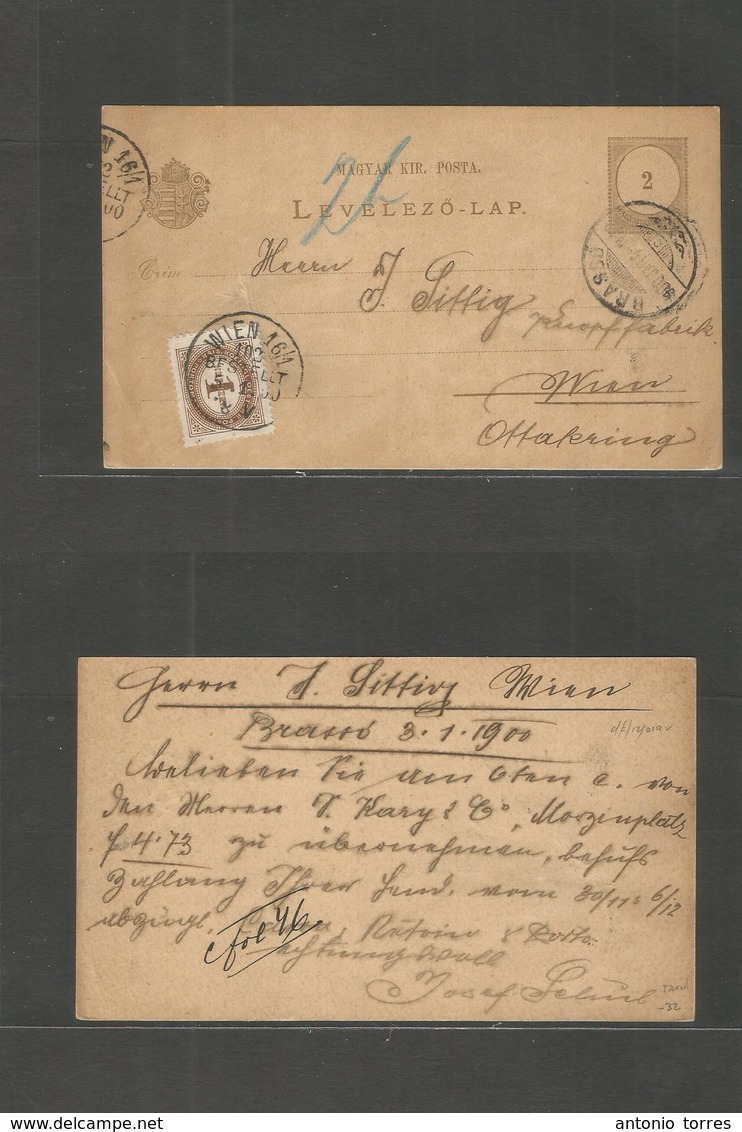 Hungary. 1900 (3 Jan) Brasso - Austria, Wien (5 Jan) 2fill Bown Stat Card + Taxed + Arrival P. Due 1k, Tied Cds. Nice Co - Otros & Sin Clasificación