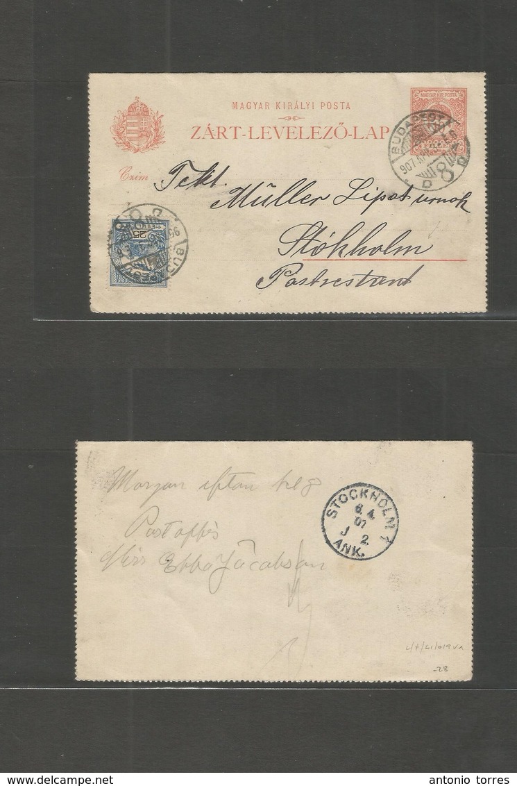 Hungary. 1907 (3 April) Budapest - Sweden, Stockholm (6 April) 10 Fil Red Rose Stat Letter + Adtl. Fine Used. - Autres & Non Classés