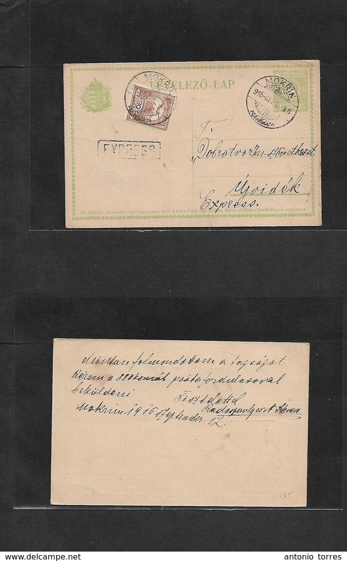 Hungary. 1915 (12 Sept) SERBIA. Hungary Postal Admin. Mokrin - Ujvidek. Rare Expres Postal Service Of 5 Fill Green Stat  - Sonstige & Ohne Zuordnung