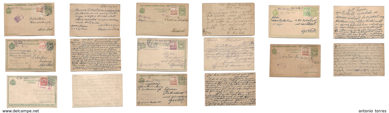 Hungary. 1916-19. 5 Fill Green Diff Ovptd Issues Stationary Cards. Selection Of 8 Diff, Adtl Franking, Diff Town Names A - Otros & Sin Clasificación