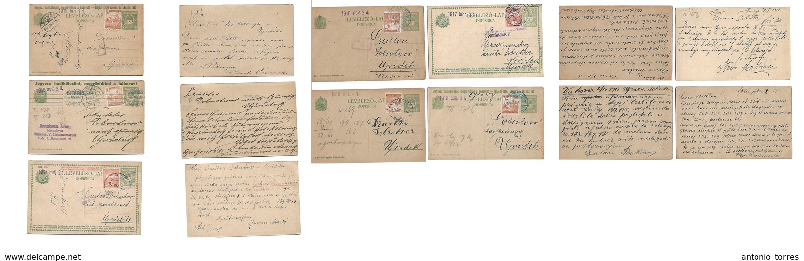 Hungary. 1917-19. 5 Fill Green Stationary Cards. Diff Ovptd And Text, Adtls Fkgs. Balkans Circulation, Incl Ojvidek, Sid - Autres & Non Classés