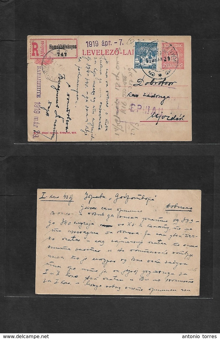Hungary. 1919 (2 Apr) SERBIA, Vojvodina Province, Homokbalvanyos (BAVANISTE) - Ujvidek. 10 Fill Red Stat Card On Registe - Autres & Non Classés
