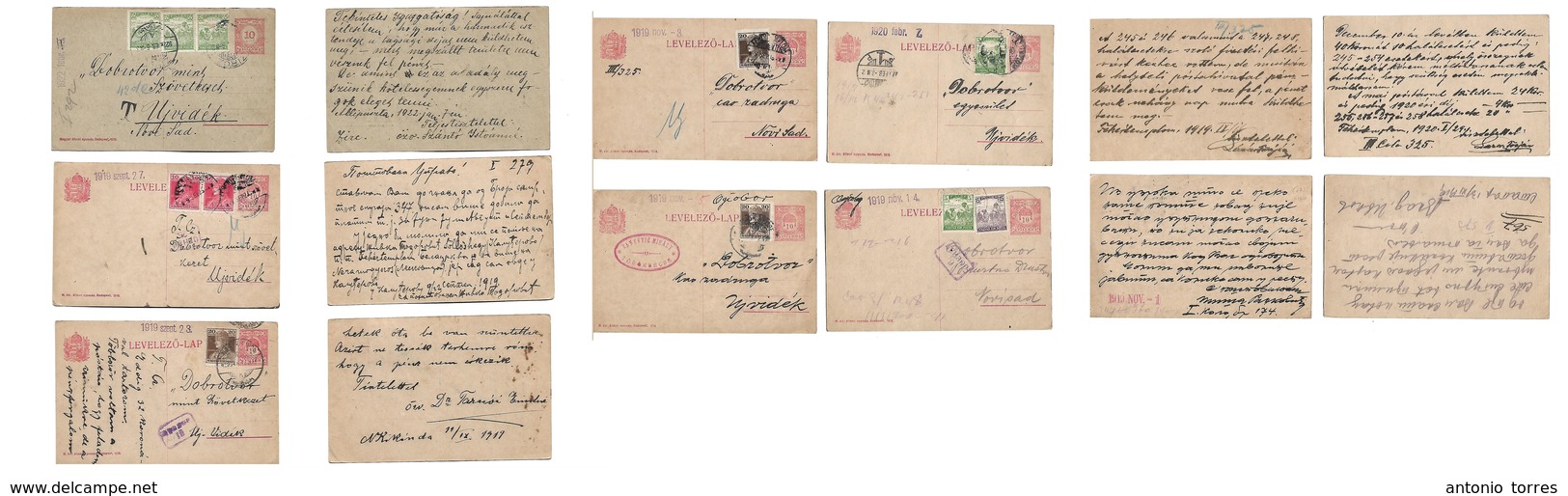Hungary. 1919-22. Balkans. Selection Of 7 Diff Multifkd 10 Fill Red Stationary Cards, Diff Town Names, One Is Taxed + "T - Other & Unclassified