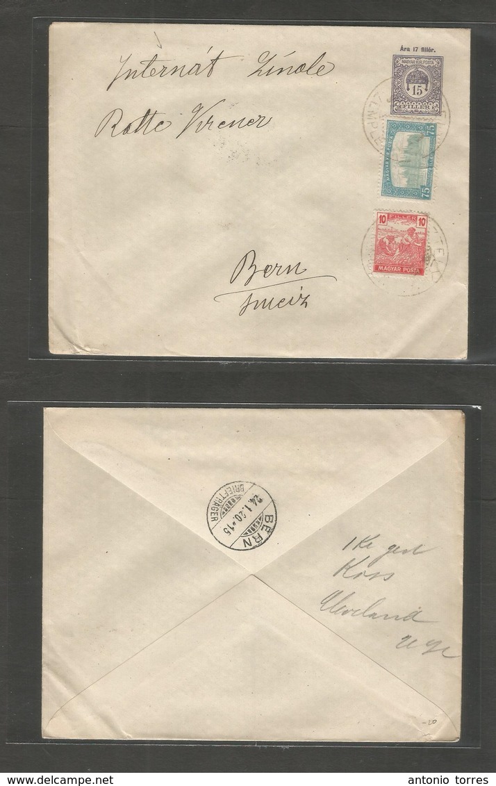 Hungary. 1920 (Jan) Multifkd 15 Fill Lilac Stat Env To Red Cross Internee At Switzerland, Bern (24 Jan) - Other & Unclassified