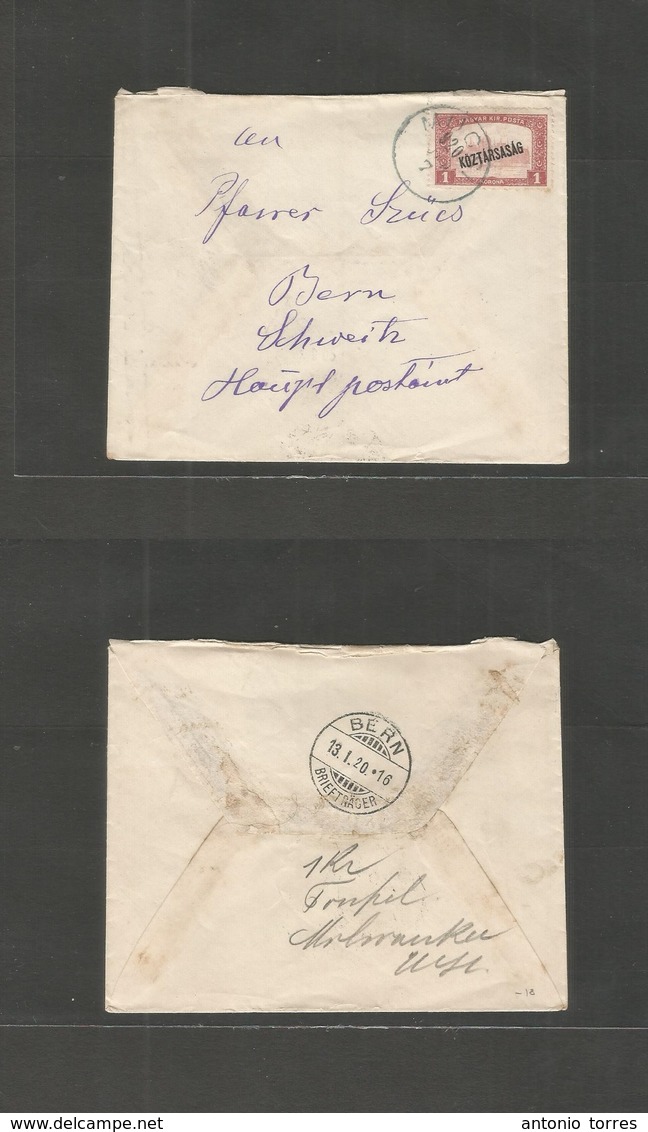 Hungary. 1920 (7 Jan) Mugsi - Switzerland, Bern (13 Jan) Fkd Env; Old Cds, Ovptd Issue. - Other & Unclassified