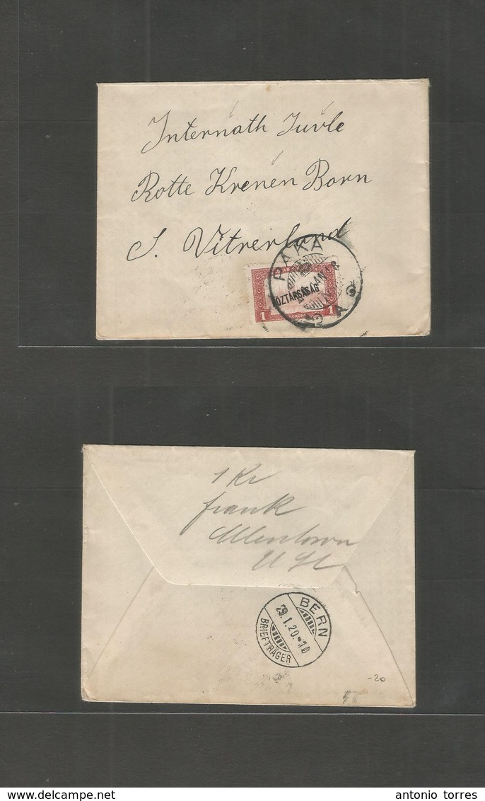 Hungary. 1920 (18 Jan) Paka - Switzerland, Bern (29 Jan) Single Fkd Env, Ovptd Issue, Internee Mail, Red Cross. - Autres & Non Classés