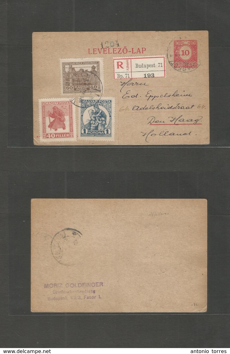 Hungary. 1920 (2 May) Budapest - Netherlands, Den Haag. Registered 10 Fill Red Stat Card + 3 Adtls. - Other & Unclassified