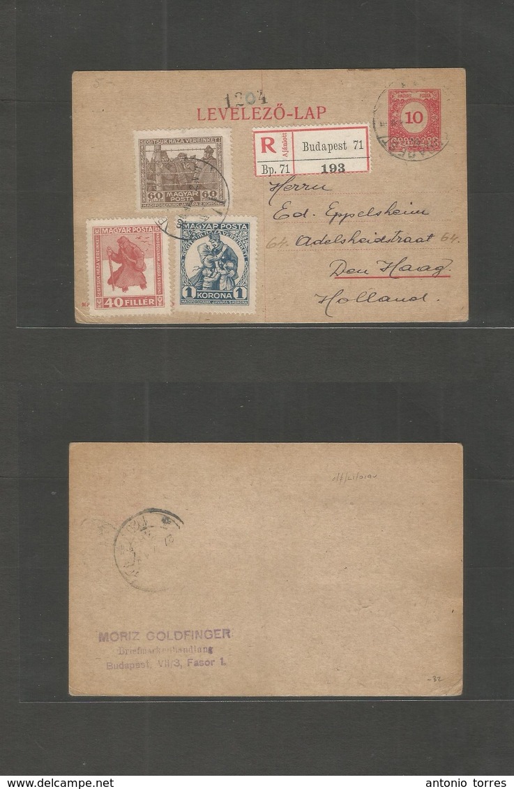 Hungary. 1920 (2 May) Budapest - Netherlands, Den Haag. Registered 10 Fill Red Stat Card + 3 Adtls. - Andere & Zonder Classificatie