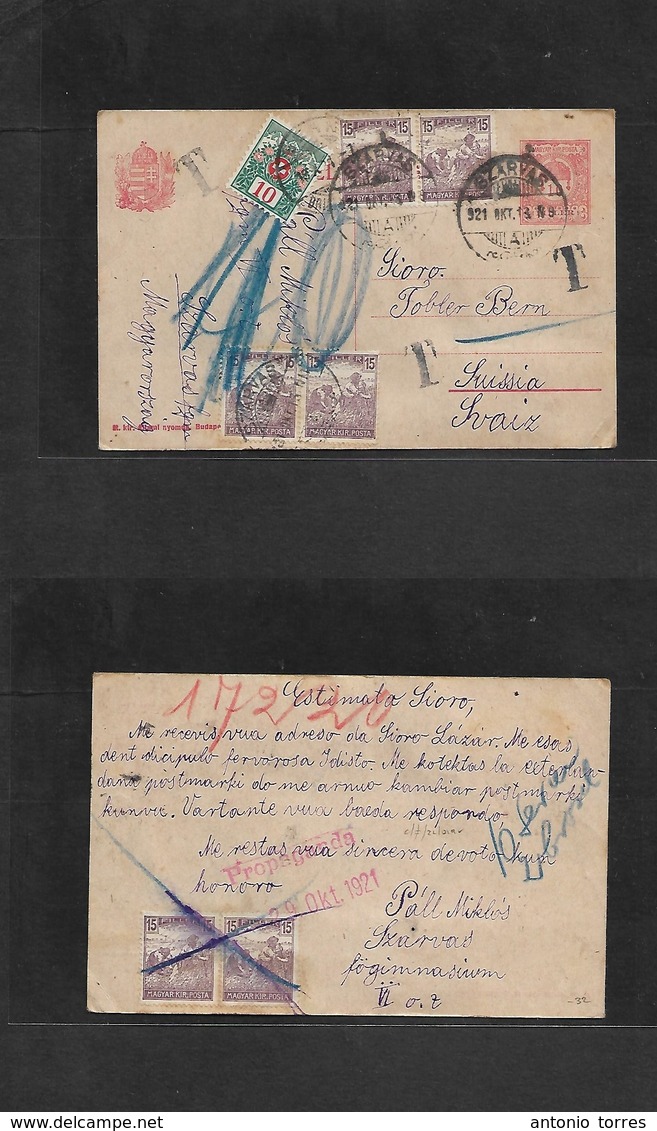 Hungary. 1921 (13 Oct) Szarvas - Switzerland, Bern (19 Oct) 10f Red Stat Card + 6 Adtls, Tied Cds + Swiss Arrival P. Due - Autres & Non Classés
