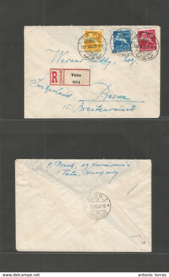 Hungary. 1933 (22 Aug) Tata - Switzerland, Berne (23 Aug) Registered Multifkd Envelope. Scouts Jamboree. Nice Item. - Autres & Non Classés