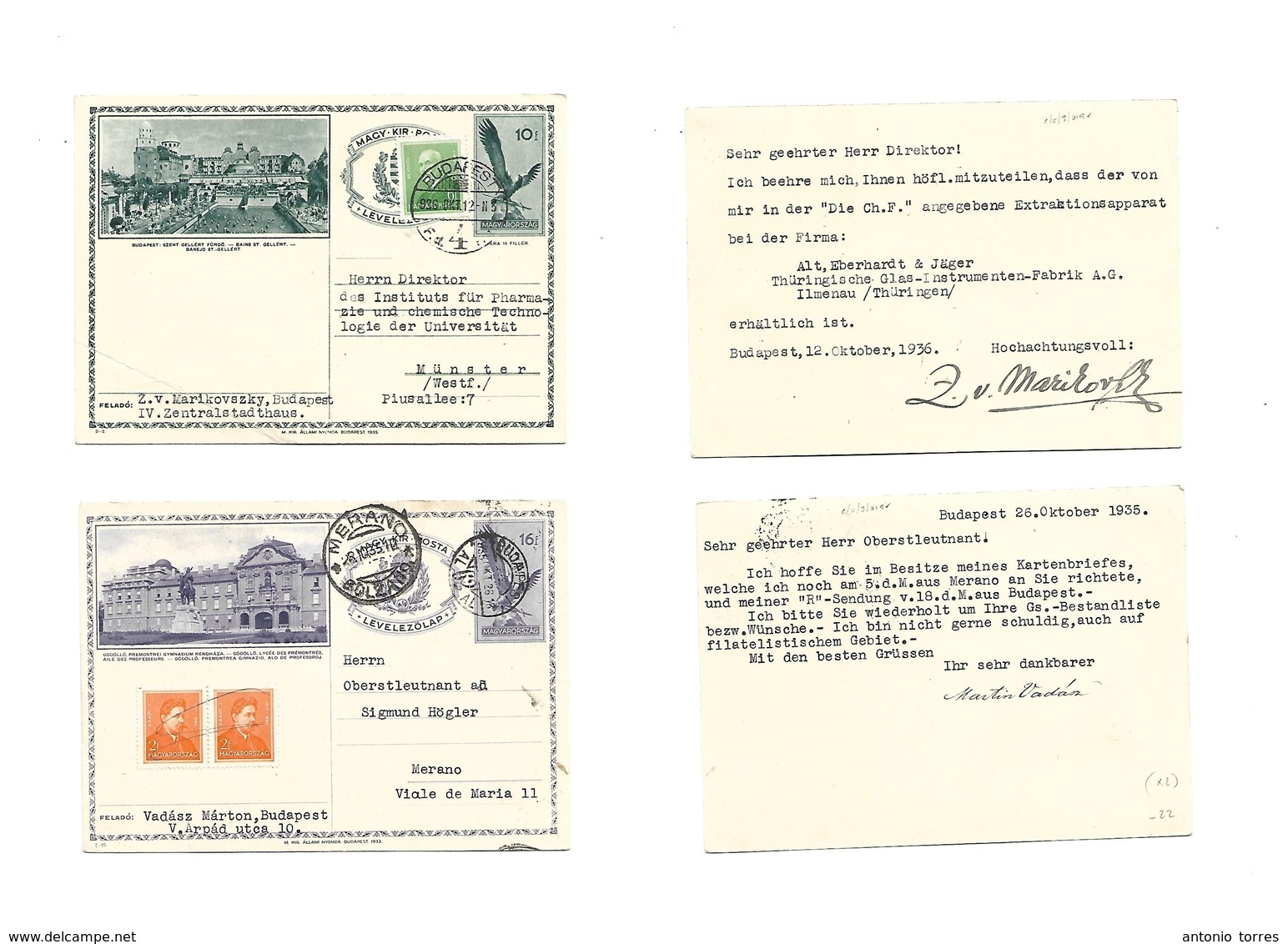 Hungary. 1935-6. Budapest. 2 Diff Illustrated 10f And 16f Stationary Cards + Adtls To Germany And Italy Respectively. Fi - Other & Unclassified
