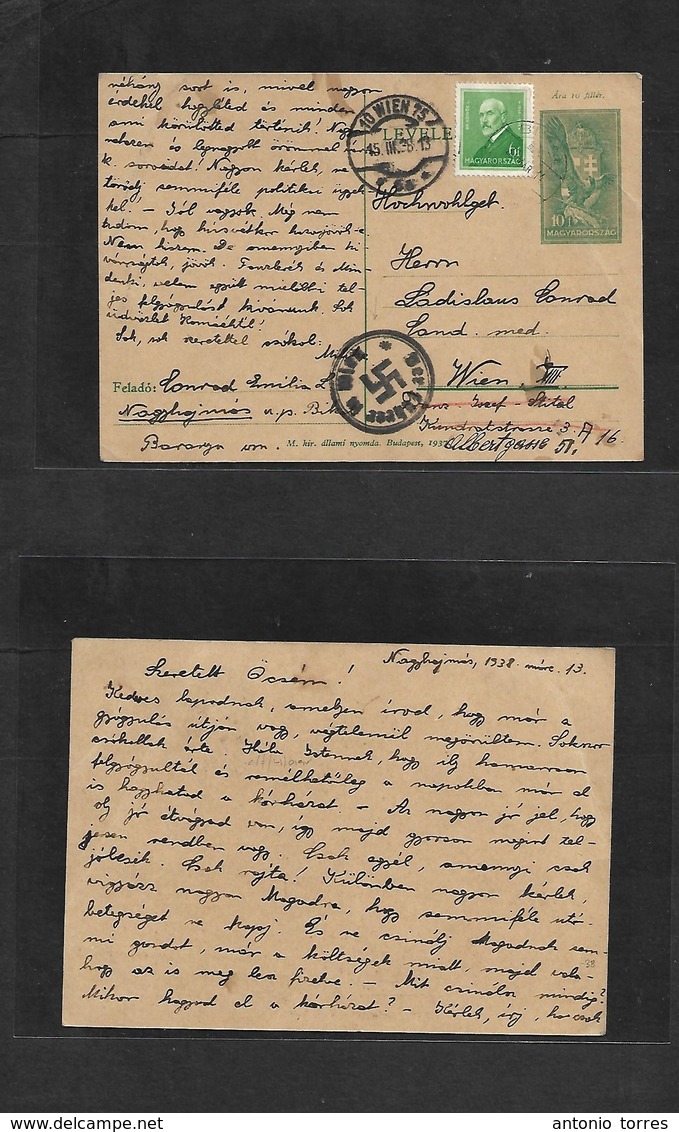 Hungary. 1938 (13-14 March) Naghyejmas - Wien, Austria (15 March) 10f Green Stat Card + Adtl + Nazi German Arrival. Anme - Other & Unclassified