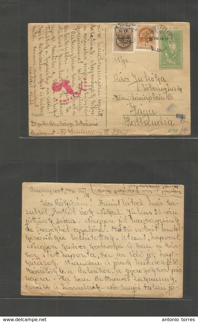 Hungary. 1940 (12 Aug) Budapest - Netherlands, Hague 6 Fil Green Stat Card + 2 Adtls, Nazi Censored. Fine. - Other & Unclassified