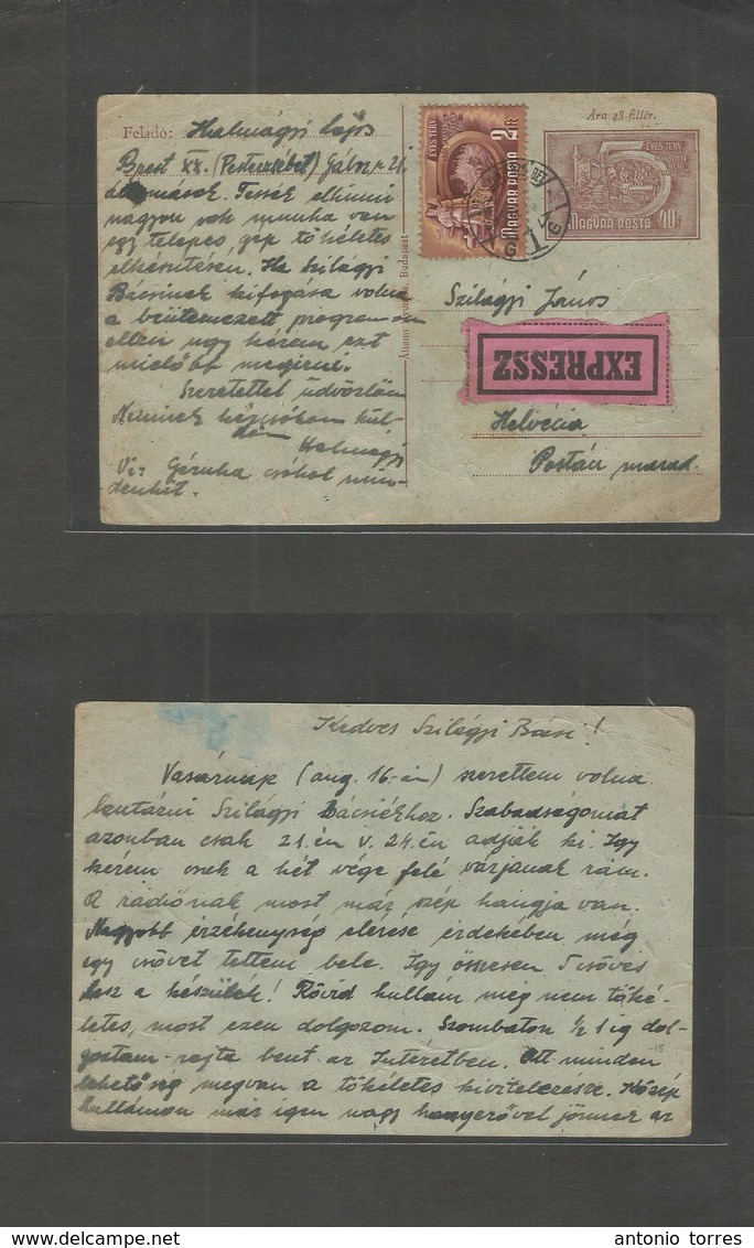 Hungary. 1953. Pest - Switzerland. 40 Fill Stat Card + Adtl On Express Postal Service Pmk Label. - Other & Unclassified