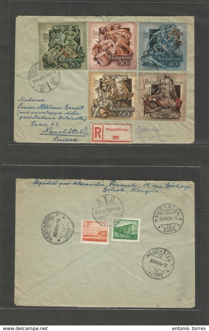 Hungary. 1954 (26 July) Tiszafoldvar - Switzerland, Neuchatel (30 July) Registered Multifkd (F+R) Air. Comm Issue. - Other & Unclassified