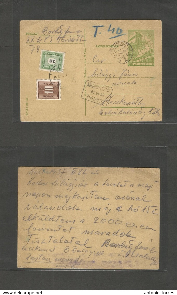 Hungary. 1957 (22 June) Pest - Keaskeniel. 20 Fill Green Stat Card, Tax 1+2 Dif P. Dues Tied Cds. Fine Usage. - Other & Unclassified