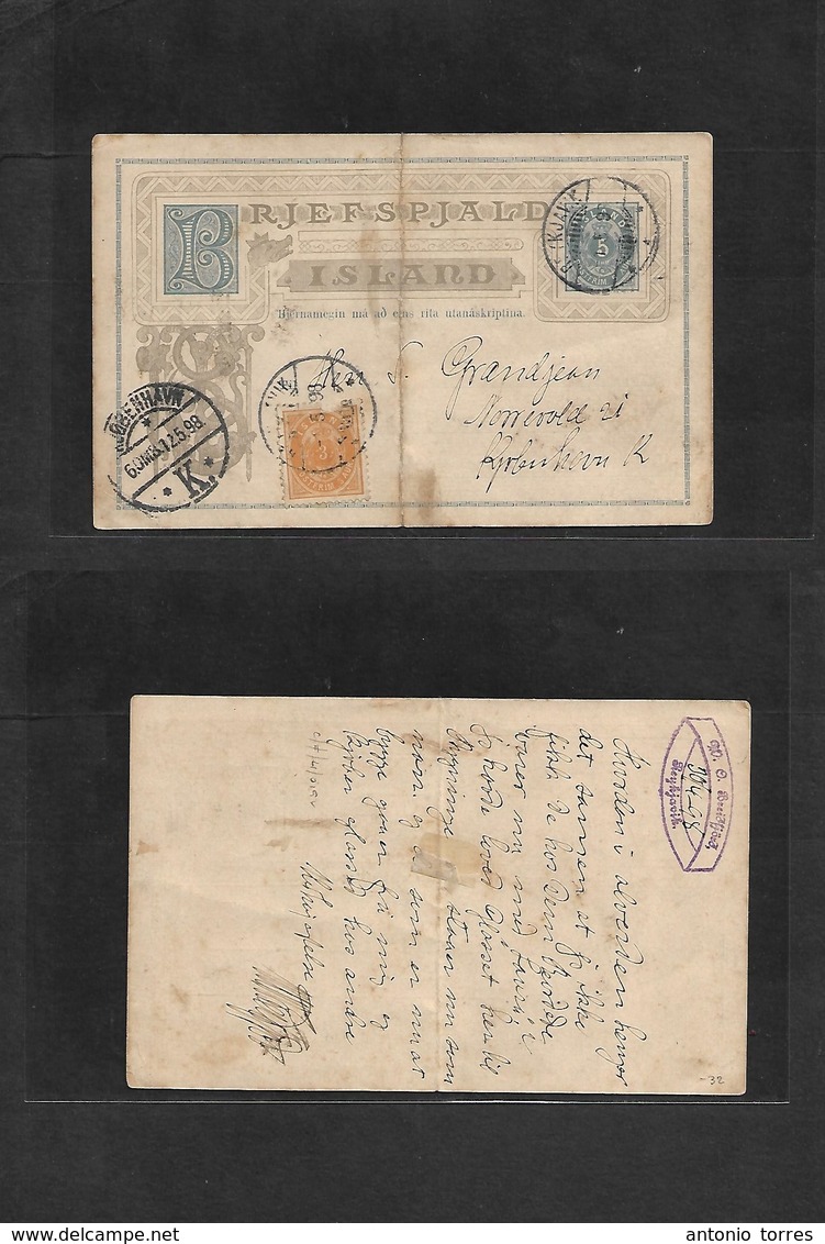 Iceland. 1898 (30 April) Reykjavik - Denmark, Kph (12 May) 5 Ore Blue Stat Illustr. Card + 3 Aur Yellow Adtl. Filling Cr - Andere & Zonder Classificatie
