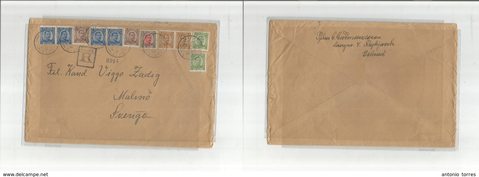 Iceland. 1924 (16 July) Reikjavita - Sweden, Malmo. Registered Multifkd Envelope. Espectacular. - Andere & Zonder Classificatie