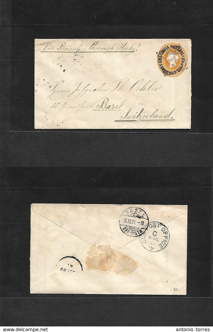 India. 1891 (26 Oct) Sindgi - Switzerland, Basel (15 Nov) Via Sea PO. Ovptd Orange Stat Env Via Brindisi. Fine Usd. - Other & Unclassified