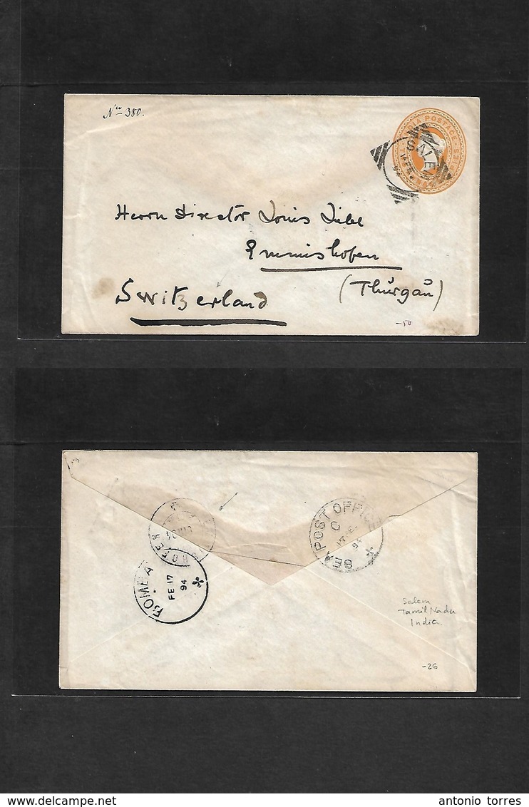 India. 1894 (14 Feb) Salem, Tamil Nadu - Switzerland, Thurgan (5 Mar 94) Via Bombay. Orange Stat Envelope, Fine Used. - Autres & Non Classés