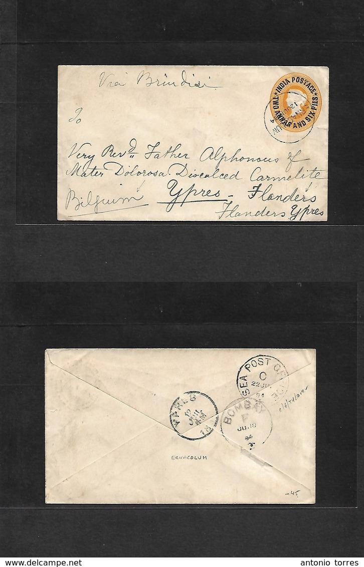 India. 1894 (12 June) ERNACOLUM - Belgium, Yrnes, Flanders (12 July) Via Brindisi Ovptd Orange Stat Env, Cds. Fine Usage - Other & Unclassified