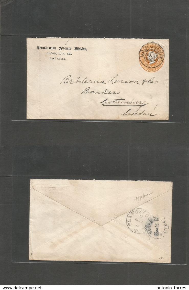 India. 1896 (2 Aug) Scandinavian Mission. Choom, Darjeeling - Sweden, Gotheborg. 2a6p Yellow Stat Env, Cds. Via Sea PO ( - Other & Unclassified