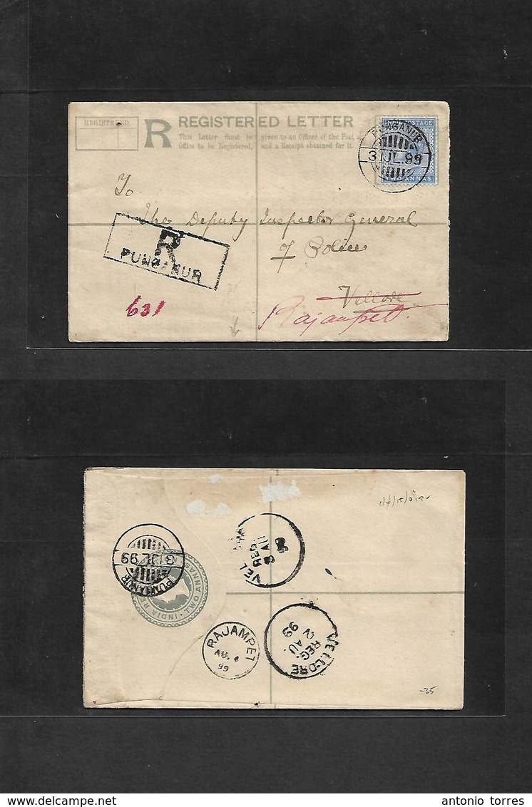 India. 1899 (31 July) Punganur - Vellore (2 Aug) Registered 2a Grey Stat Env + 2a Blue Adtl. VF Used + R-cachet. - Autres & Non Classés