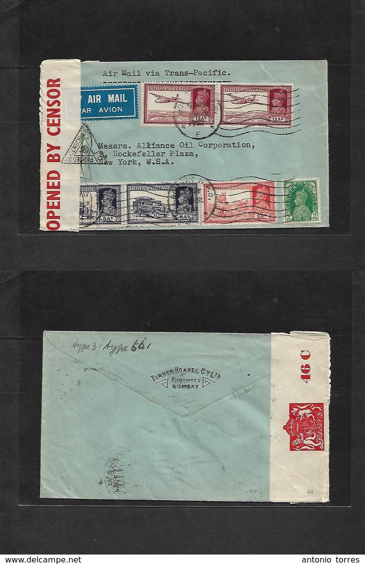 India. 1941 (5 May) Bombay - USA, NY. Air Multifkd Transpacific Censored Envelope. VF. - Autres & Non Classés