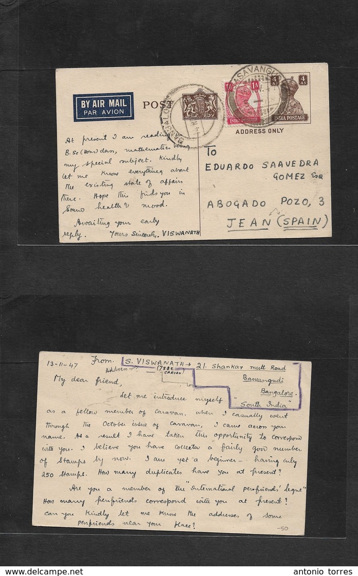 India. 1947 (14 Nov) Basavangudi - Spain, Jaen (deep South Spain High Hills) 4c Brown Stat Card + Adtl On Airmail Usge.  - Autres & Non Classés